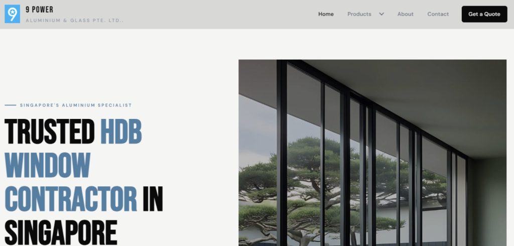 9 Power Aluminium & Glass Singapore homepage showing aluminium windows and glass solutions