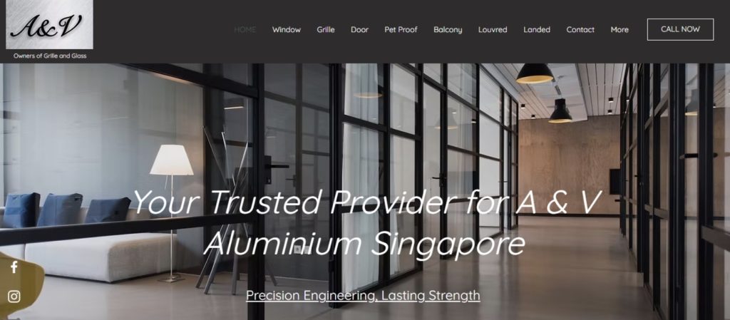 A & V Aluminium Singapore homepage showing aluminium window and grille services