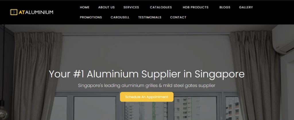AT Aluminium Singapore homepage showing aluminium grilles and mild steel gates
