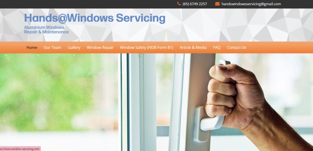 Hands@Windows Servicing homepage showing aluminium window repair and maintenance services in Singapore