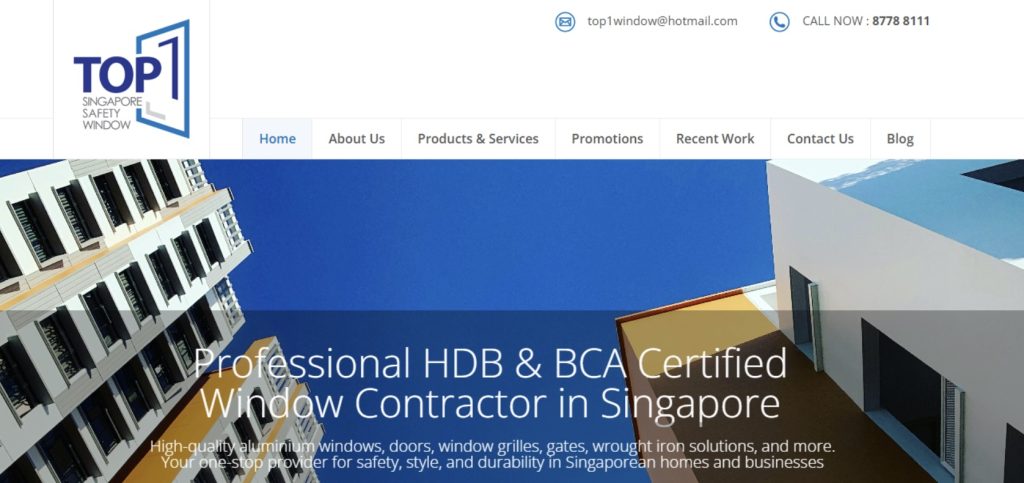 Top 1 Singapore Safety Window homepage showing HDB and BCA certified window services in Singapore