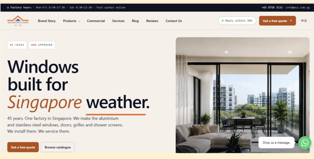 WSS Windows & Doors Singapore homepage showing aluminium windows and doors